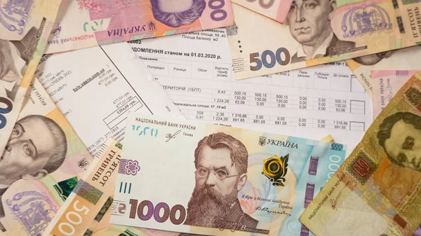 Ukrayna parası Hryvnia ve madeni paralar ahşap arka plan, elektrik faturası