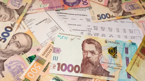 Ukrayna parası Hryvnia ve madeni paralar ahşap arka plan, elektrik faturası