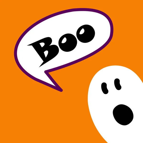 Flying ghost spirit throught text Boo. Witch hat. Happy Halloween. Scary white ghosts. Orange background. Greeting card. Cute cartoon spooky character. Smiling face, hands. Orange background.
