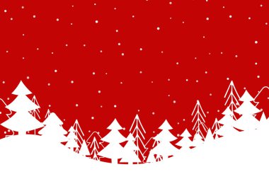 Şovlu kış ormanı, güzel manzara. Kırmızı arka planda Noel ağaçlarının silueti