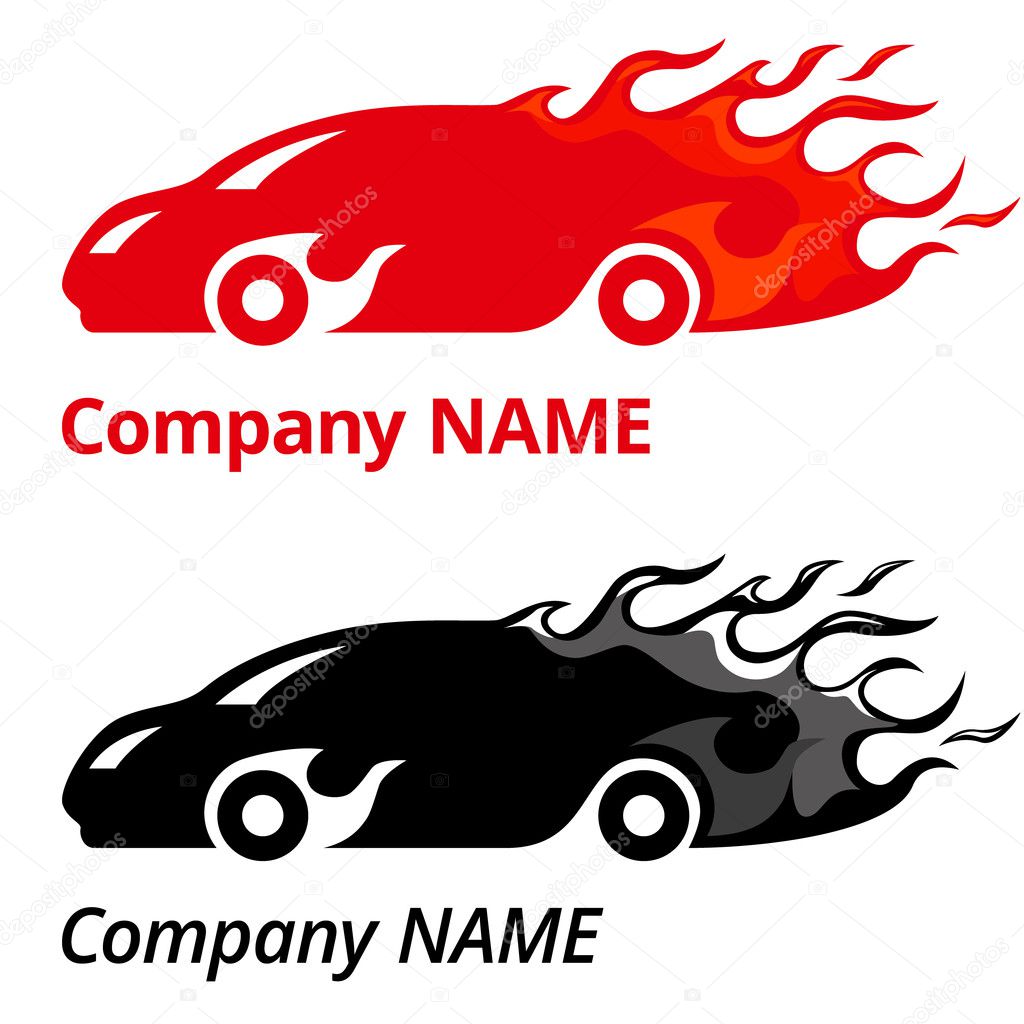 Vector illustration of red sport car with flames. Company name logo concept.