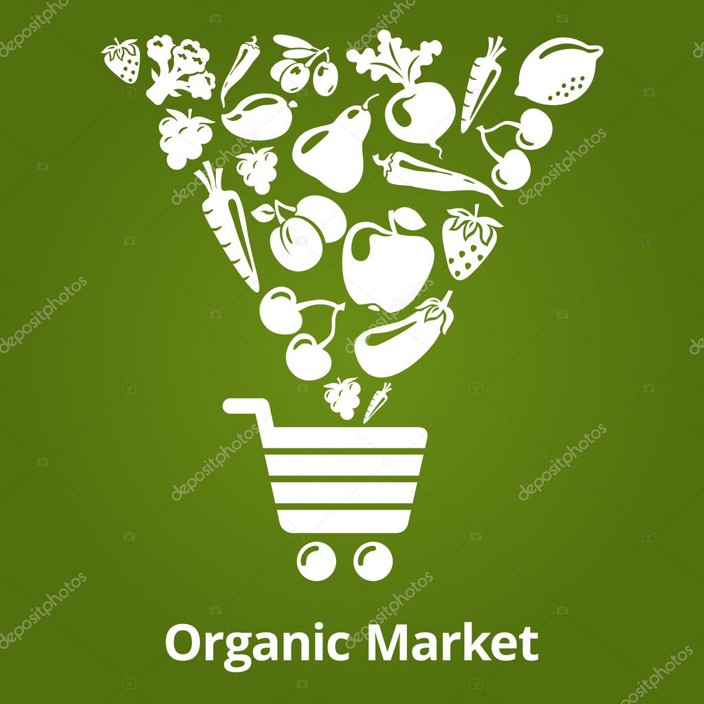 Organic fruits and vegetables falling into the shopping cart. Vector illustration. Organic market