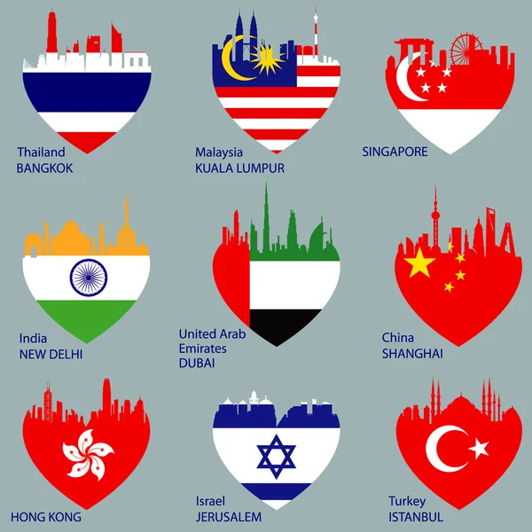 Kalp şeklinde dokuz şehir siluetleri seti