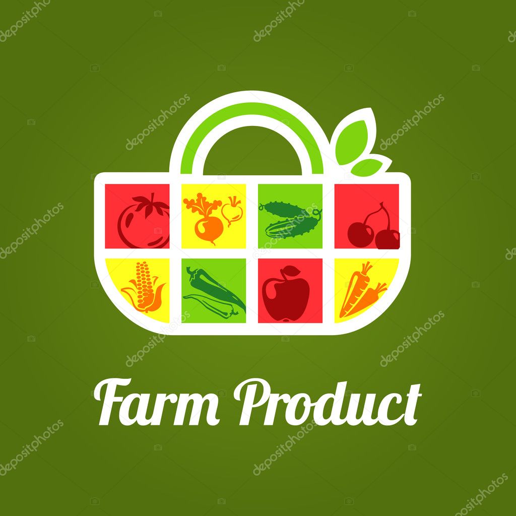 Vector illustration of bag label for Organic market, store, supermarket with fruits and vegetables.