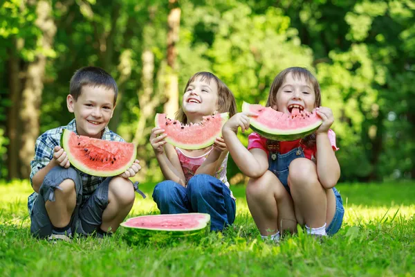 Gelukkige lachende kinderen eten vruchten in park Rechtenvrije Stockafbeeldingen