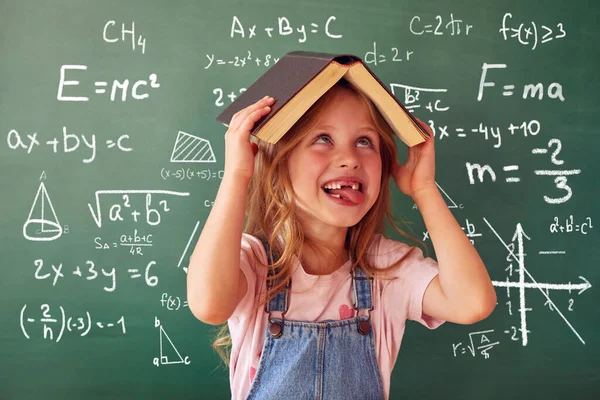 School Child Girl Classroom Funny Kid Green Chalkboard Idea Creativity — Stock Photo, Image