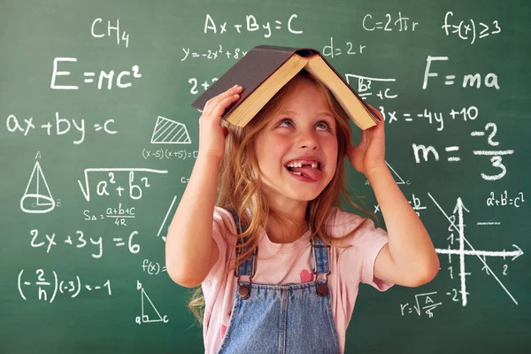 School Child Girl Classroom Funny Kid Green Chalkboard Idea Creativity — Fotografia de Stock