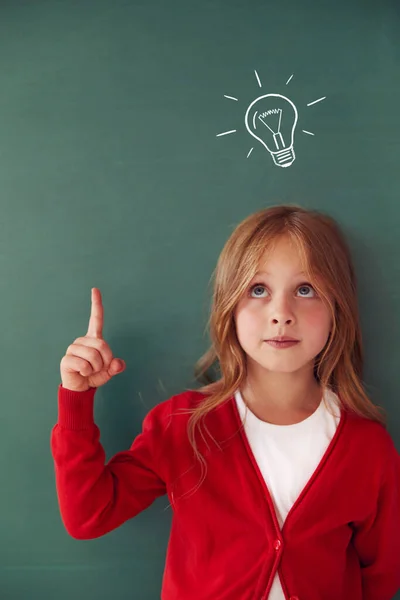 School Child Girl Classroom Funny Kid Green Chalkboard Idea Creativity — Foto de Stock