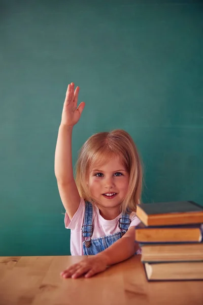 School Child Girl Classroom Funny Kid Green Chalkboard Idea Creativity — стоковое фото