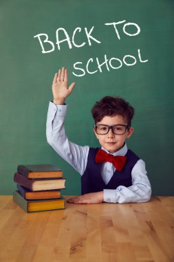 Okul çocuğu (çocuk) sınıfta. Yeşil karatahtaya karşı komik çocuk. Fikir ve yaratıcılık kavramı. Arka planda kopyalanma alanı. Okul konseptine dönelim.. 