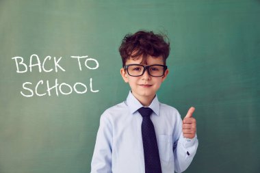 School child (boy) in classroom. Funny kid against green chalkboard. Idea and creativity concept. Copyspace on background. Back to school concept. 