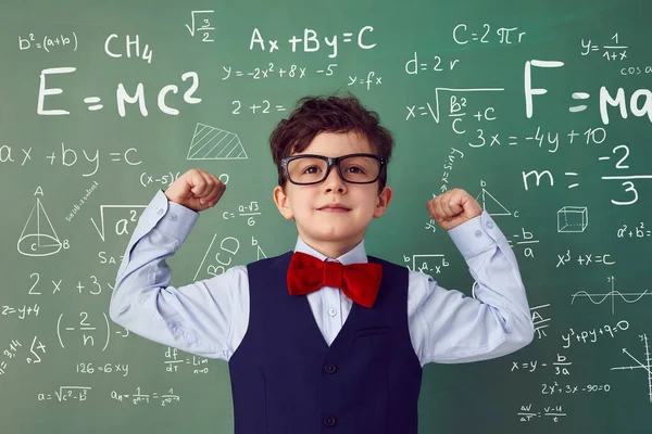 School Child Boy Classroom Funny Kid Green Chalkboard Idea Creativity — Fotografia de Stock