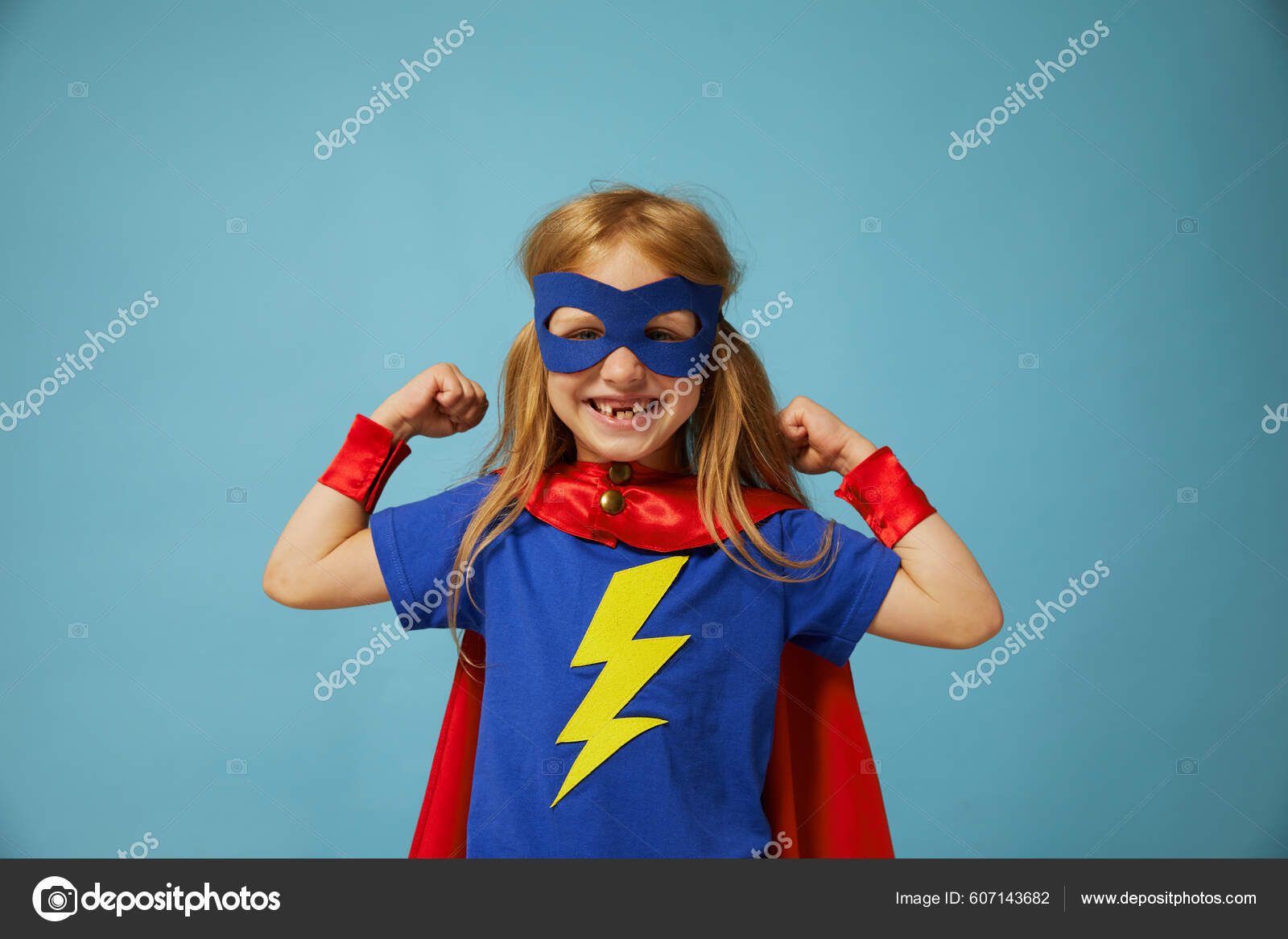 Funny Little Power Super Hero Child Girl Red Raincoat Funny Stock Photo yuryimaging 607143682