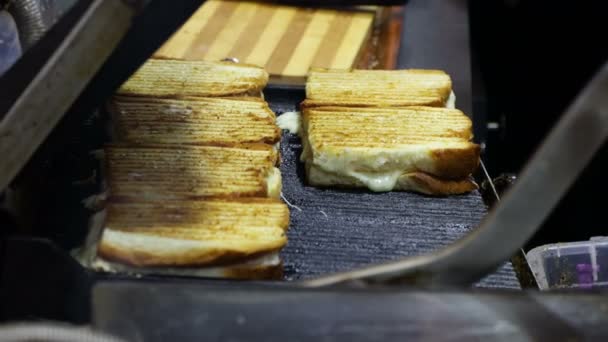 烤乳酪 许多面包都是在大烤面包机里做的 — 图库视频影像