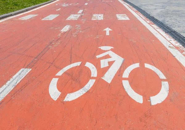 Red color bike path with bike sign. city transport and people concept