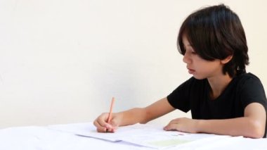 Young east asian teenager boy is studying writing with a pen and notebook at the table. The boy who does his school homework at home. Black tshirt on  isolated white background