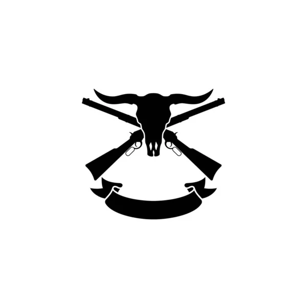 Ασπρόμαυρη Απεικόνιση Κρανίου Βουβάλου Σταυρωμένα Όπλα Και Κορδέλα Λευκό Φόντο — Διανυσματικό Αρχείο