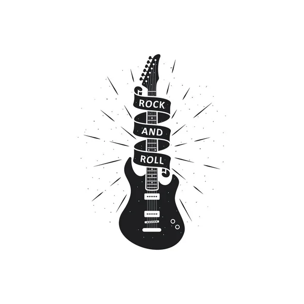 Illustration Noir Blanc Une Guitare Texte Avec Ruban Rayons Sur — Image vectorielle