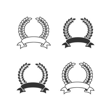 Bir defne çelengi seti, beyaz arka planda şerit. Poster, amblem, simge, çıkartma ve etiket için tasarım ögesi. Vektör çizimi. Heraldry.