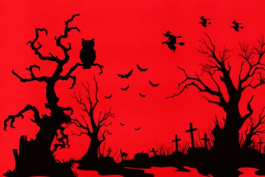 Cadılar Bayramı - Azizler arifesi, ağaçlar ve cadılar, illüstrasyon.