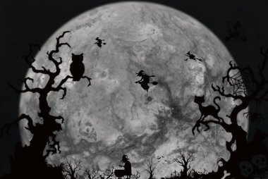 Cadılar Bayramı - Azizler arifesi, ağaçlar ve cadılar, illüstrasyon.