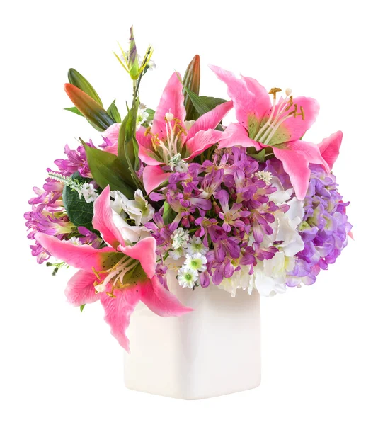 Flower bouquet in white ceramic pot — Stock Photo, Image