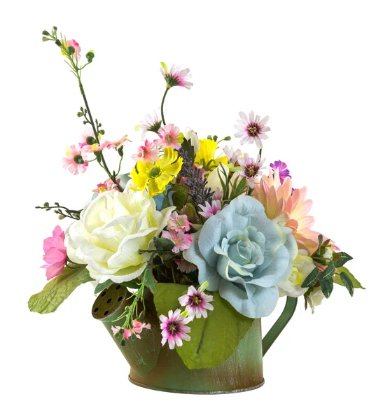 Bouquet of flowers in green watering pot — Stock Photo, Image