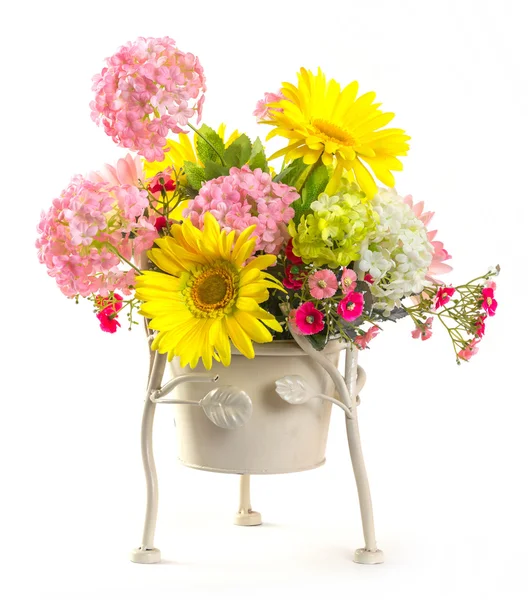 Bouquet of flowers in steel bucket — Stock Photo, Image