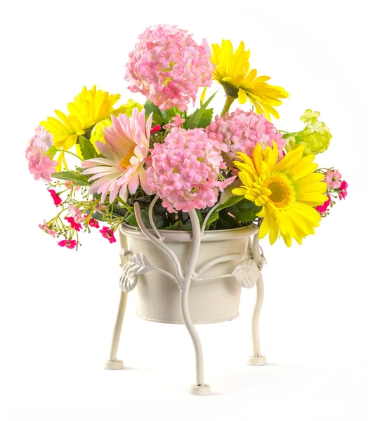 Bouquet of flowers in steel bucket — Stock Photo, Image