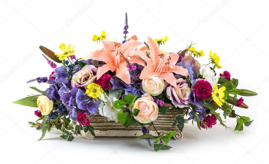 Bouquet of flowers in clay pot