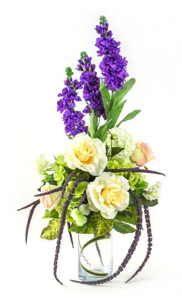 Bouquet of rose and lavender in glass vase — Stock Photo, Image