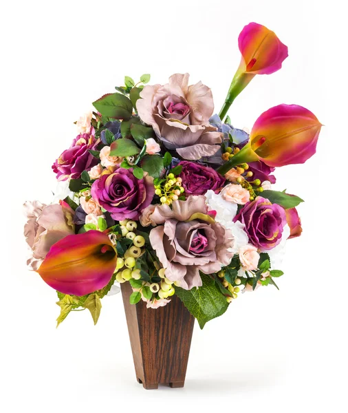 Bouquet of rose and lily in wood bucket — Stock Photo, Image