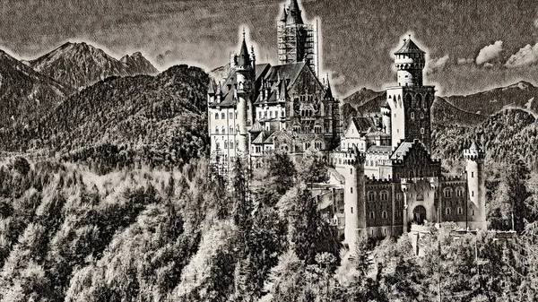 Castelo Europa Desenho Lápis Digital — Fotografia de Stock