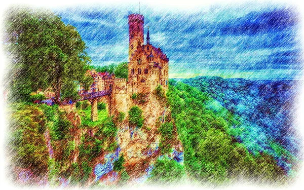 Castle Europe Digital Color Pencil Drawing — Stock Fotó