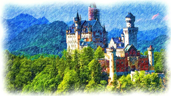 Avrupa 'daki Kale dijital renkli kalem çizimi