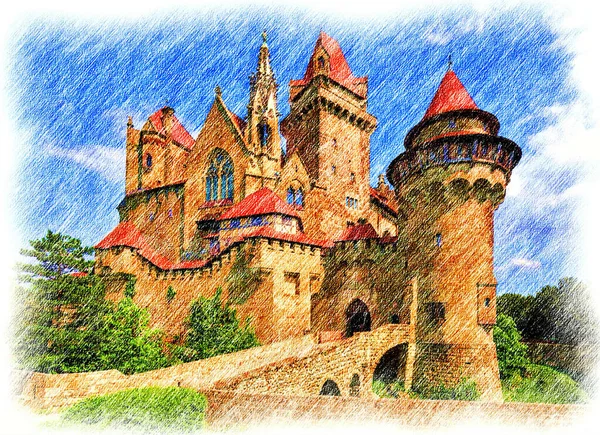 Castle Europe Digital Color Pencil Drawing — стоковое фото