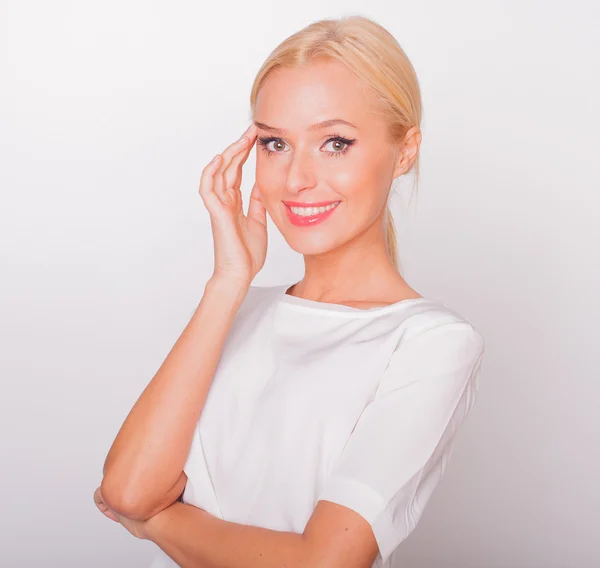 The beautiful and fresh woman close up on a white background — Stock Photo, Image