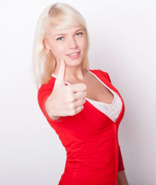 Close up a thumb which the beautiful blonde shows — Stock Photo, Image