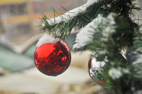 Palla nella neve sull'albero di Natale . — Foto Stock