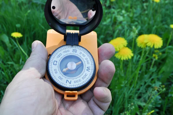 Kompass in der Hand, vor dem Hintergrund blühender Wiesen. — Stockfoto