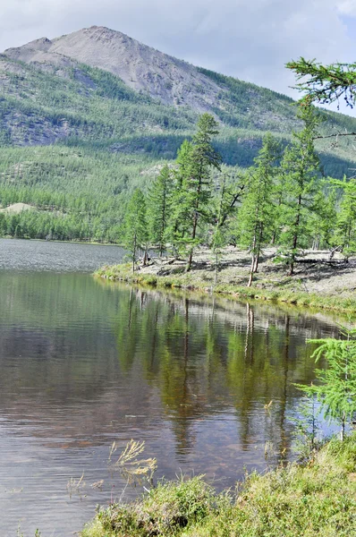 Landskap med en sjö och berg längs. — Stockfoto