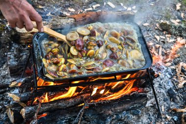 Ateşin üstünde mantarlı yemek tepsisi. Seyahat ederken mantar pişirmek.