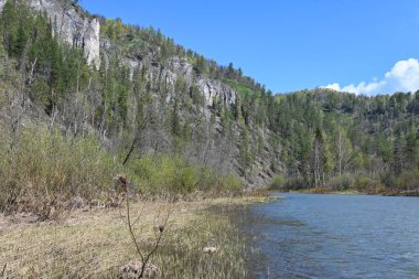 Zilim Nehri 'nin kıyısındaki kayalar. Rusya 'nın Ural Bölgesi Bashkiria' daki Zilim doğa parkında bahar geldi..