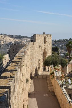 Kudüs 'teki Eski Şehir' in duvarları. İsrail 'in başkentinin tarihi kısmının manzarası.