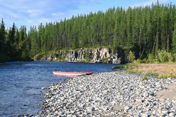 Boat Trip Northern Urals Summer River Landscape Inflatable Kayak — Stock Photo, Image