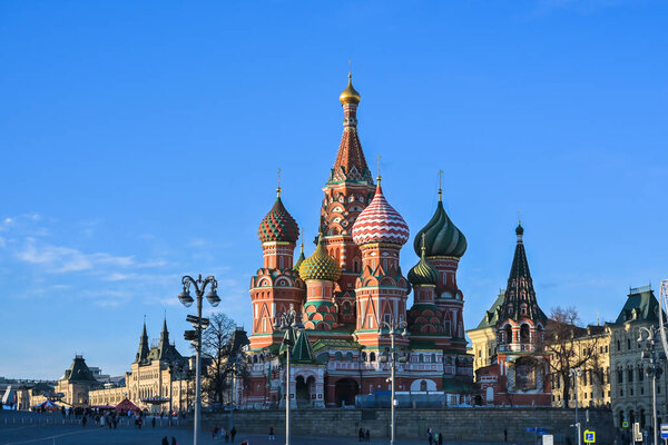 Domes of St. Basil's Cathedral. Evening in the center of Moscow.