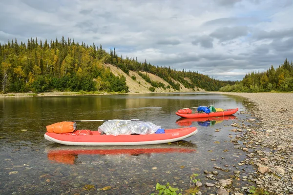 Boat Trip Northern Urals Summer River Landscape Inflatable Kayak — Stock Photo, Image
