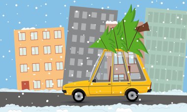 Komik karikatür araba ile Noel ağacı