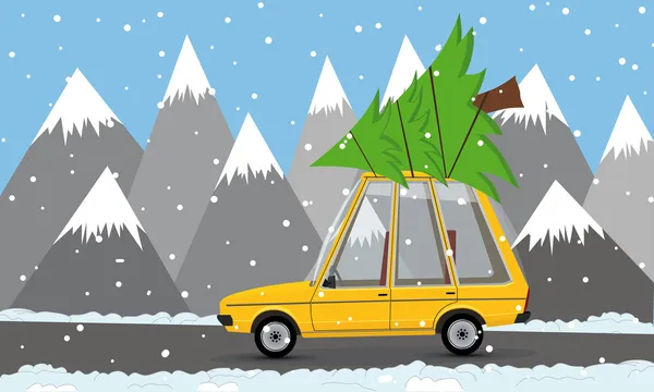 Drôle de voiture de dessin animé avec arbre de Noël — Image vectorielle