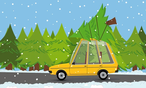 Divertido coche de dibujos animados con árbol de Navidad — Vector de stock